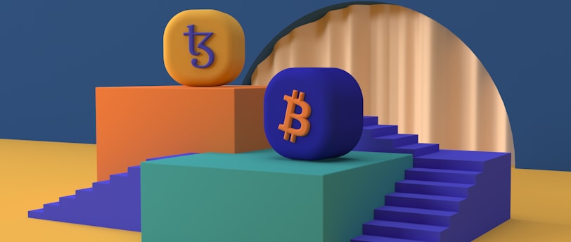 Two platform structures with stairs are positioned side by side. One platform is orange with an orange and purple 'Tezos' symbol on top, while the other is green with a blue and orange 'Bitcoin' symbol. The platforms are set on a blue and mustard yellow background, and there is a large circular arch in the backdrop.